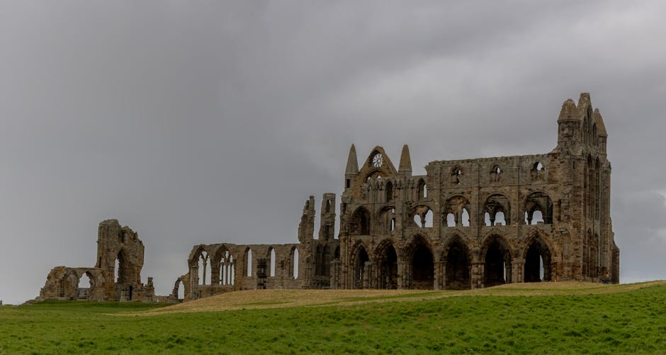 A large, weathered stone building with tall, pointed arches and multiple windows, some of which are missing glass or completely open. The structure appears to be a historic ruin with sections of the walls and roof absent, exposing the sky above. In the foreground, a paved pathway is visible, with several people walking or standing nearby, some taking photographs. Surrounding the ruins is a well-maintained grassy area with a few scattered trees, and a clear blue sky with a few wispy clouds overhead. The scene suggests a site of historical significance, and the image captures the intricacies of its stonework, including columns and buttresses typical of medieval architecture. This setting is associated with house removals and packing and moving services, highlighting the importance of careful transportation of antiques, artwork, or historical items during a home relocation, as referenced on the Man with Van Abbey Wood website.