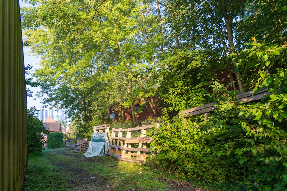 The image depicts a narrow outdoor space adjacent to a house, with a gravel path on the left and a wooden fence on the right. The area is shaded by a large, leafy tree with dense green foliage, creating dappled sunlight on the ground. There are several wooden pallets stacked against the fence, some draped with protective plastic sheets or fabric coverings, likely for furniture or packaging during a house removal process. A few cardboard boxes are positioned nearby, indicating packing activity, and additional boxes and packing materials are visible further along the path. In the background, a red brick building and distant modern high-rise structures can be seen, suggesting an urban or suburban environment. This scene appears to be part of a home relocation or furniture transport process, with the items temporarily stored outside while being prepared for loading into a van or moving vehicle, in line with services offered by Man with Van Abbey Wood for local removals and moving logistics.